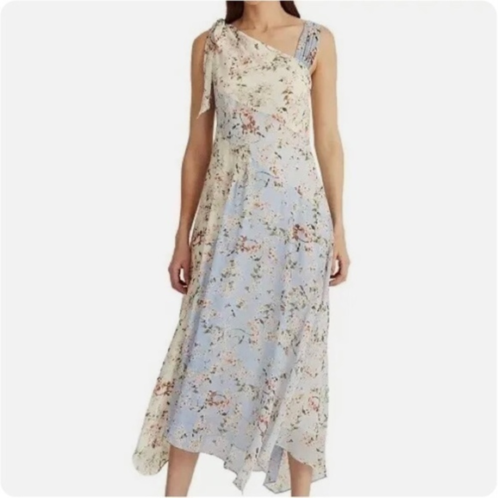 Lauren Ralph Lauren Floral Asymmetrical Hem Bow Georgette Dress in Blue Multi - Picture 1 of 6